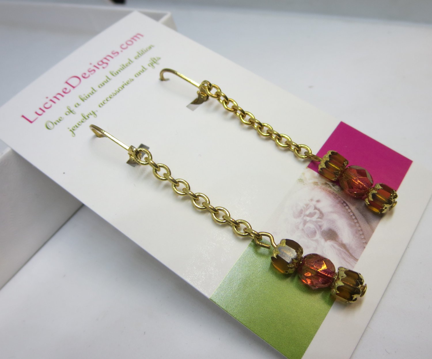 Gold linear earrings, #3610E, long drop boutique earrings, Lucine Designs