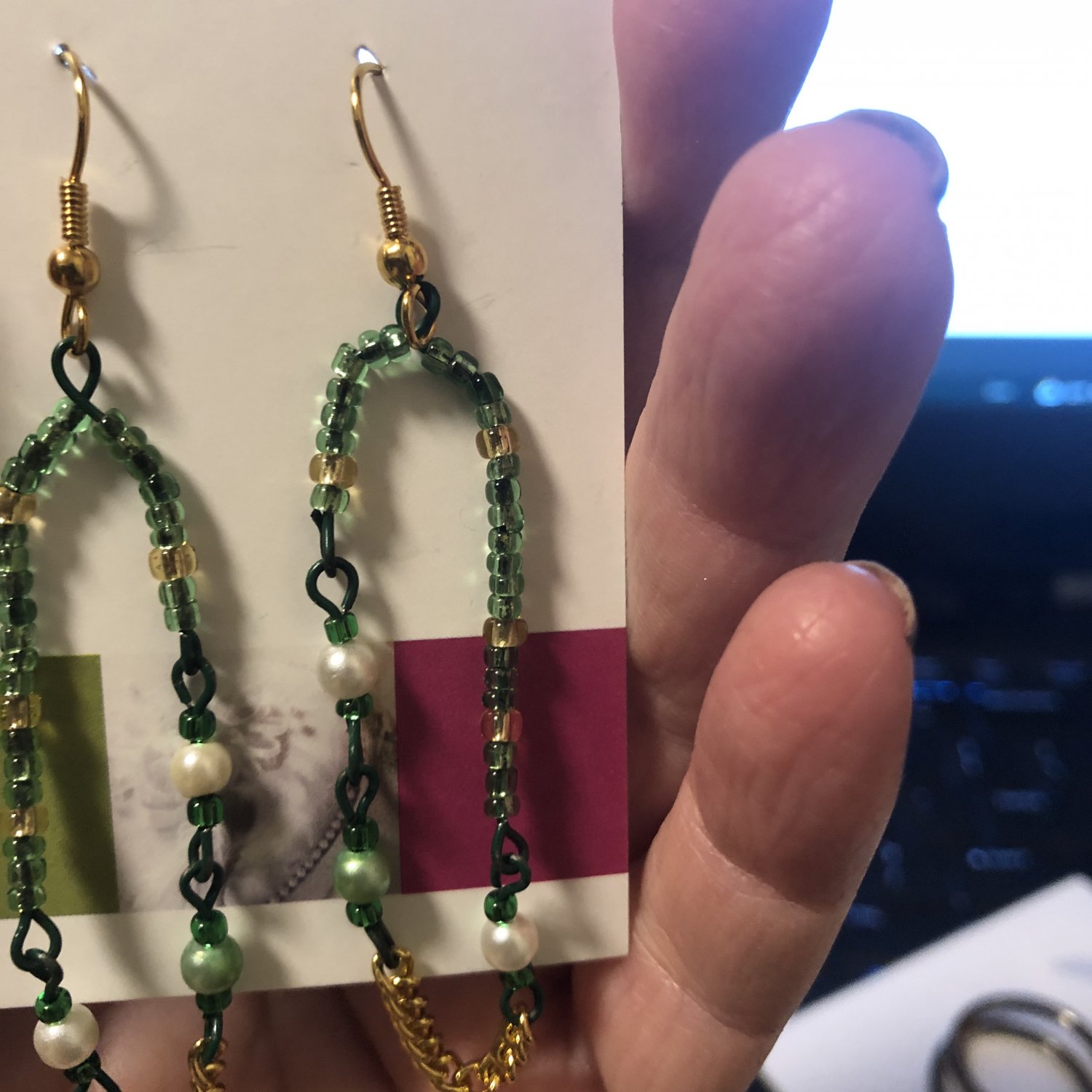 Linear beaded handmade green earrings, #3619E, gift ideas, Lucine designs