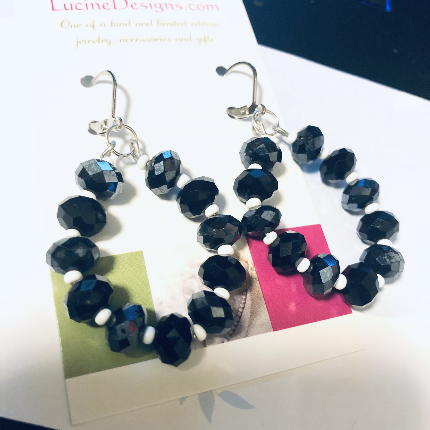 Black beaded earrings, #3592E, hoop earrings, BFF gift ideas