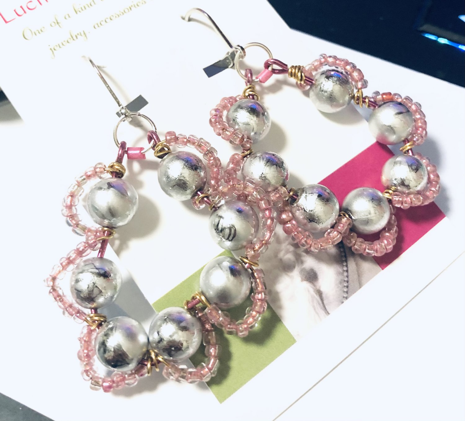 Silver pink beaded earrings, #3627E, hoop earrings, BFF gift ideas