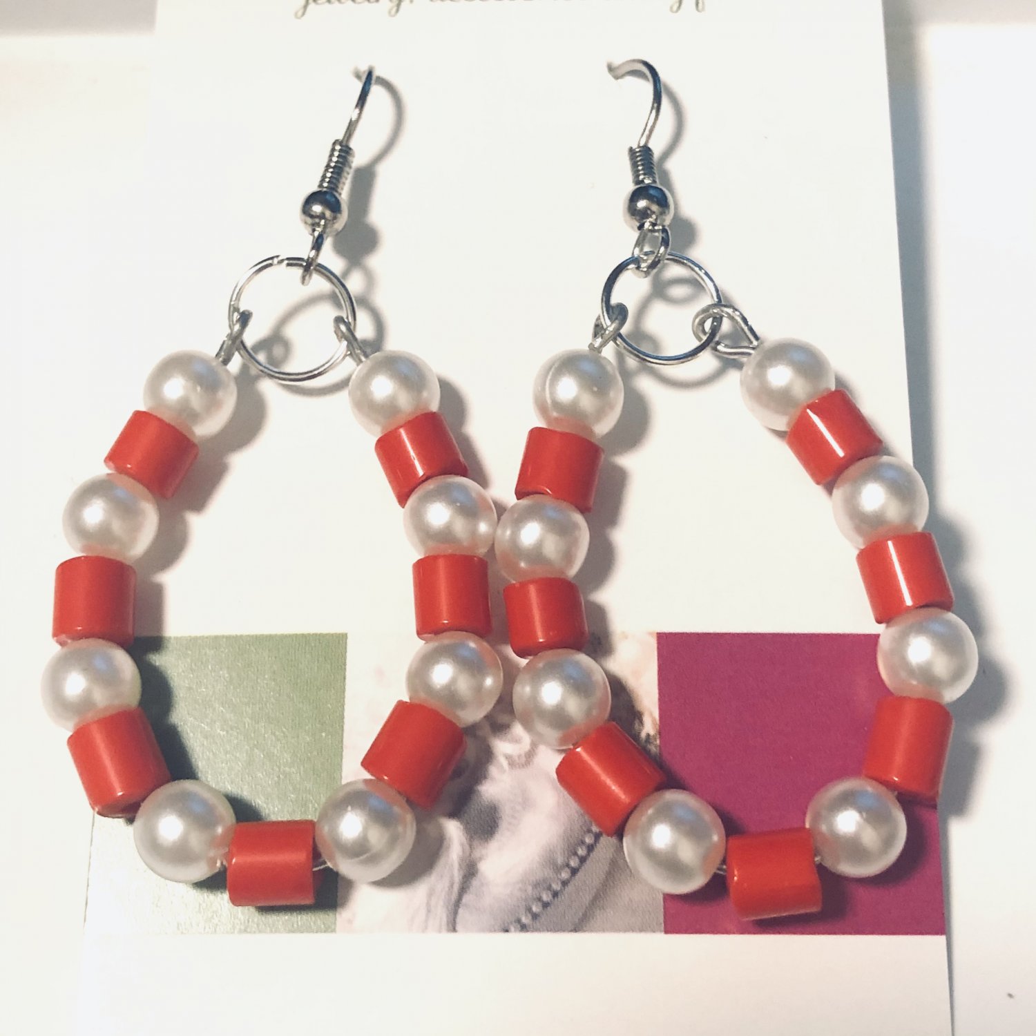 Pearl and red earrings, #3598E, hoop earrings, BFF gift ideas