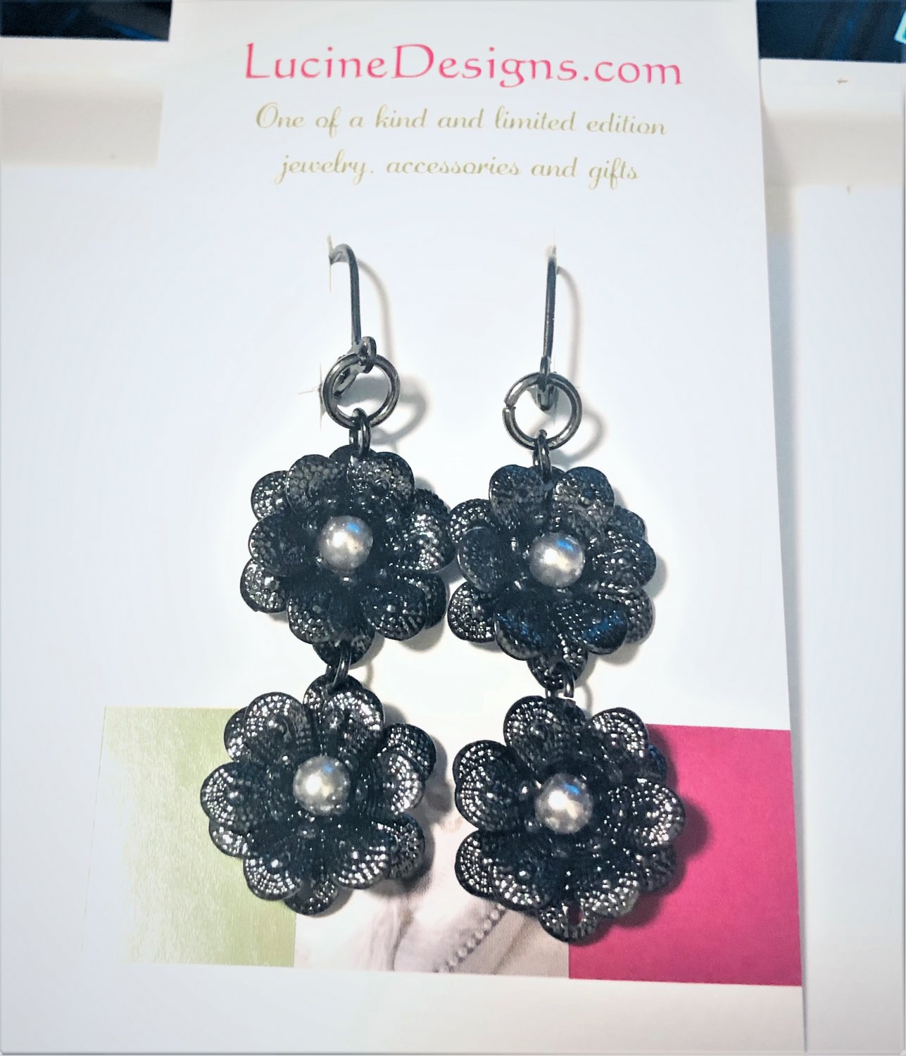 Flower Gunmetal color linear drop earrings, #3642E, gift ideas, BFF gifts