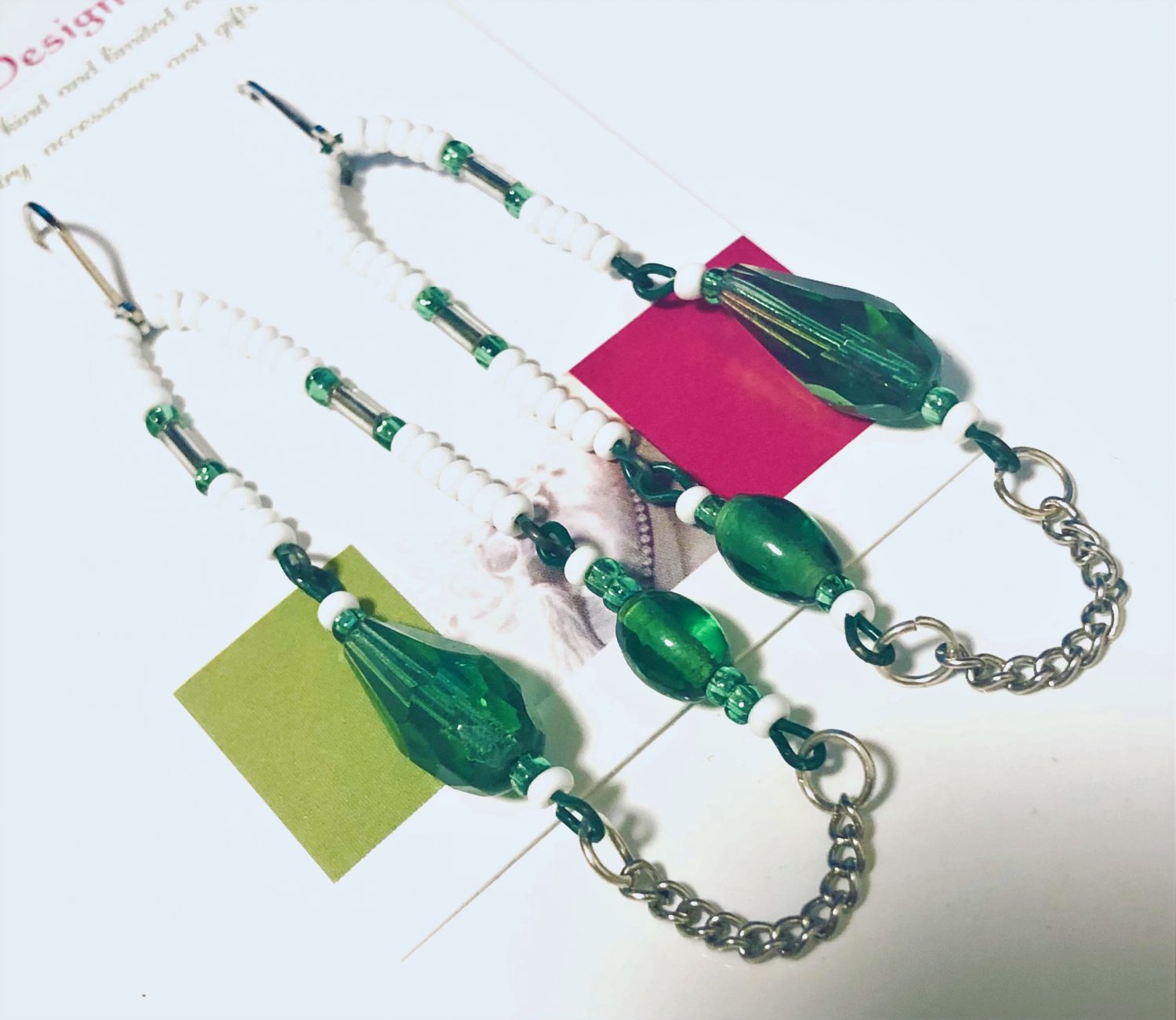 Linear beaded handmade green earrings, #3638E, gift ideas, Lucine designs