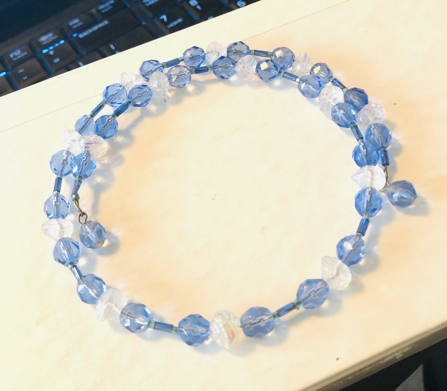 Blue and clear beaded choker, 4010N, boho claspless jewelry gift ideas