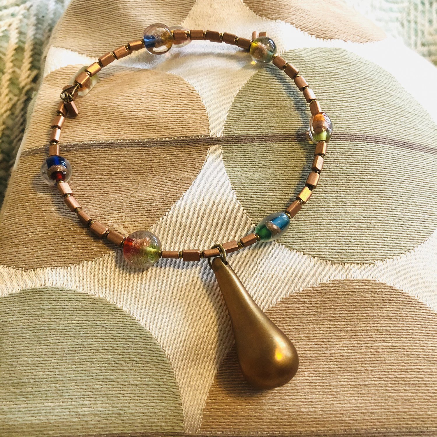 bronze beaded choker with pendant, 4012N, boho claspless jewelry gift ideas