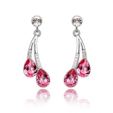 Rose pink Austrian crystal silver two stone drop earrings