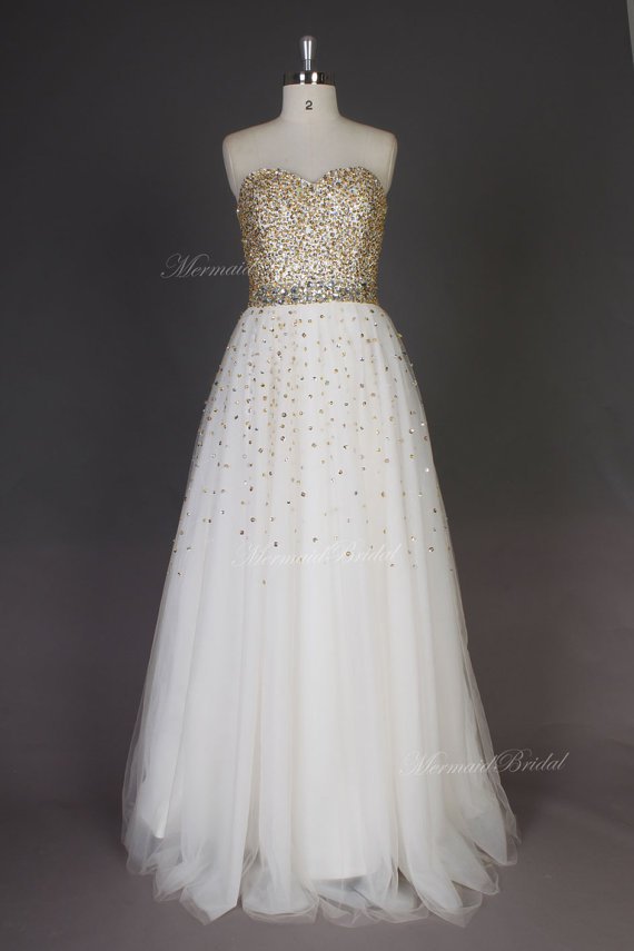 2015 Ivory aline wedding dress with gold sequins, Heavy beadwork shiny