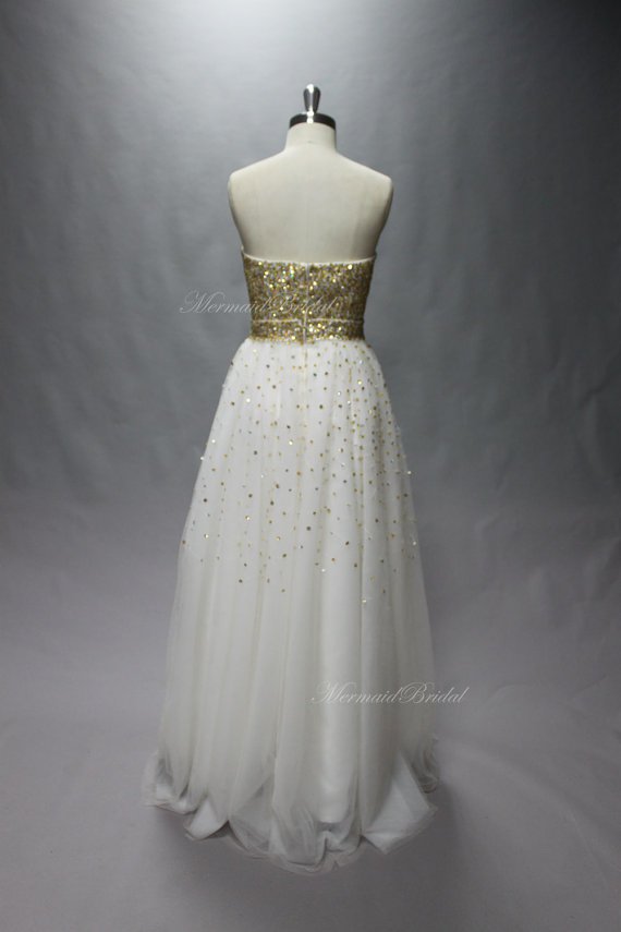 2015 Ivory aline wedding dress with gold sequins, Heavy beadwork shiny