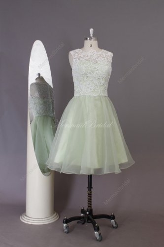 Short Wedding Dresses,Ivory Lace sage Organza Short Beach Wedding Bridal Dress,spring wedding