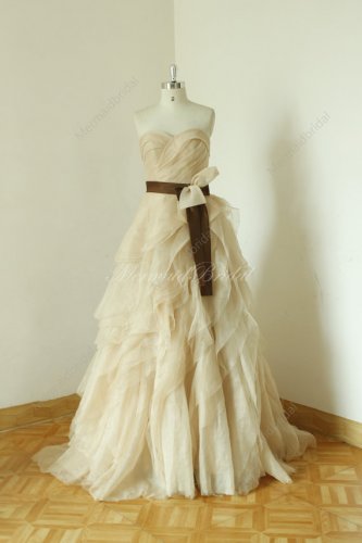 Champange Elegant ruched a line flowy organza wedding dress, Ruffled wedding dresses