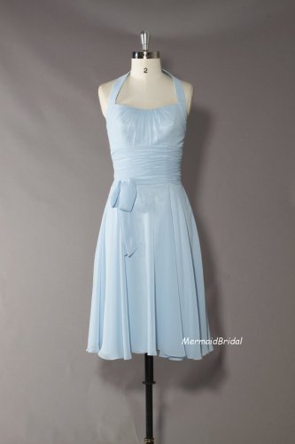Light sky blue knee length Bridesmaid Dress,Halter bridesmaid gown with sweetheart
