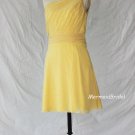 One shoulder Tea Length yellow short bridesmaid dress, wedding party dresses with handmade flowers