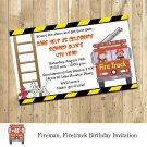 Fireman Firetruck Birthday Party Invitation Personalized Digital Invitation