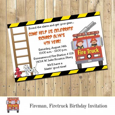 Fireman Firetruck Birthday Party Invitation Personalized Digital Invitation