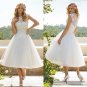 A Line High Collar Tea Length Tulle Appliques Wedding Lace Dress