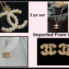 2x Classic Earrings Necklace Faux Letter Pearl Gold Imported Italian Set y-7