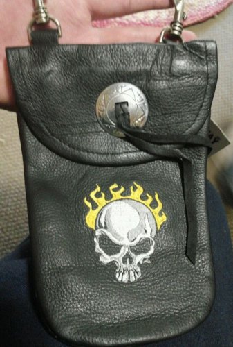 Leather clip on Hip Bag hangs on Belt Loops for cell phone biker skull  black