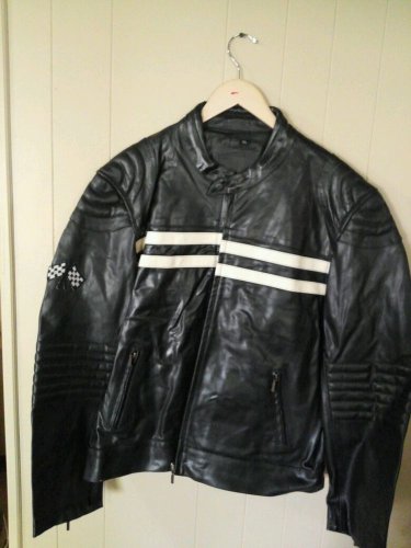 Mens classic black motorcycle jacket with white straps and checker flags new