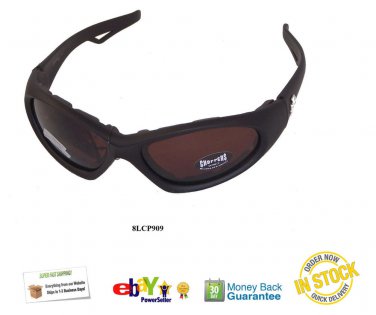 NEW BIKER MOTORCYCLE RIDING GLASSES BLACK PADDED DARK BROWN LENSES #8LCP909