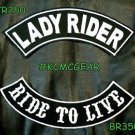 LADY RIDER RIDE TO LIVE White on Black Back Military Patches Set for Biker Vest