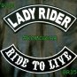 LADY RIDER RIDE TO LIVE White on Black Back Military Patches Set for Biker Vest
