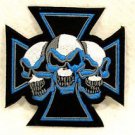 Blue and white Maltese cross with three skulls Small Badge for Biker Vest Patch
