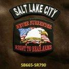 SALT LAKE CITY and NEVER SURRENDER Small Badge Patches Set for Biker Vest Jacket