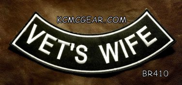 VET'S WIFE White on Black Back Patch Bottom Rocker for Biker Veteran Vest 10"