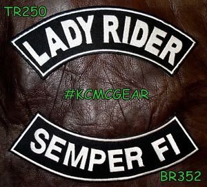 LADY RIDER SEMPER FI White on Black Back Military Patches Set for Biker Vest