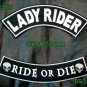 LADY RIDER RIDE TO DIE White on Black Back Military Patches Set for Biker Vest