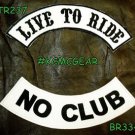 LIVE TO RIDE NO CLUB Black on White Back Military Patches Set Biker Vest