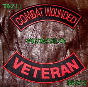COMBAT WOUNDED VETERAN Red on Black Back Military Patches Set for Biker Vest