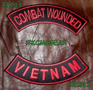 COMBAT WOUNDED VIETNAM Red on Black Back Military Patches Set for Biker Vest