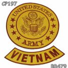 US ARMY AND VIETNAM Brown on Gold Iron on 2 Patches Set for Biker Jacket