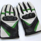 Leather Motorcycle Gloves with Armour Guard on Knuckles White Black Green LARGE