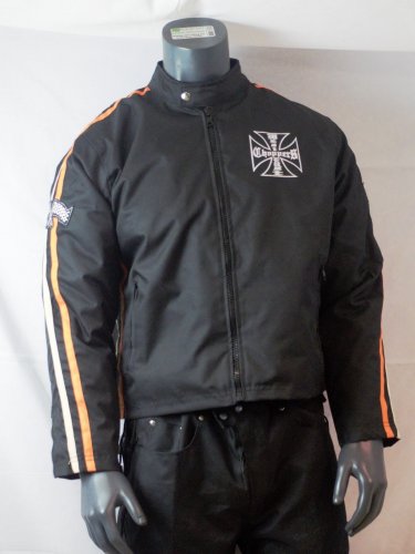 MOTORCYCLE WEATHER JACKET ORANGE ON BLACK CHEST SIZES 66