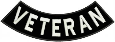 VETERAN White on Black Iron on Bottom Rocker Patch for Biker Vest Jacket