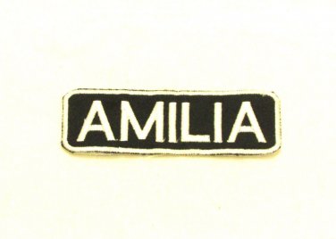 AMILIA White on Black Iron on Name Tag Patch for Biker Vest NB270