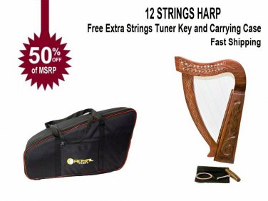 12 String Harp Celtic Design Extra Strings Tuner Carrying Case New