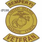 SEMPER FI VETERAN Brown on Gold Iron on 3 Large Back Patches Set for Biker Vest