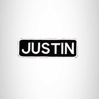 JUSTIN Black and White Name Tag Iron on Patch for Biker Vest and Jacket NB232