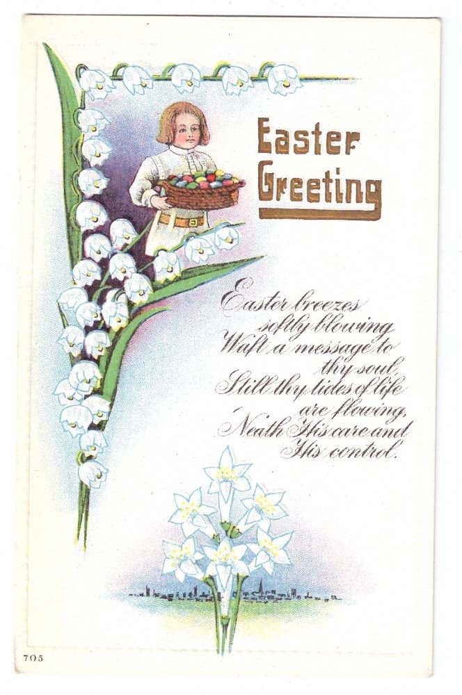 Easter Eggs Boy Lilies of the valley Embossed Vintage Poem Postcard 1919