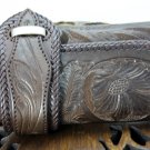 BIFOLD CARVED DRAGON BIKE RIDER CALF LEATHER WALLET SILVER BRASS CONCHO