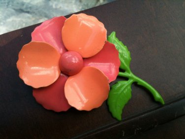 Vintage Large Enameled Coral Peach pin brooch flower  with green stem