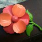 Vintage Large Enameled Coral Peach pin brooch flower  with green stem
