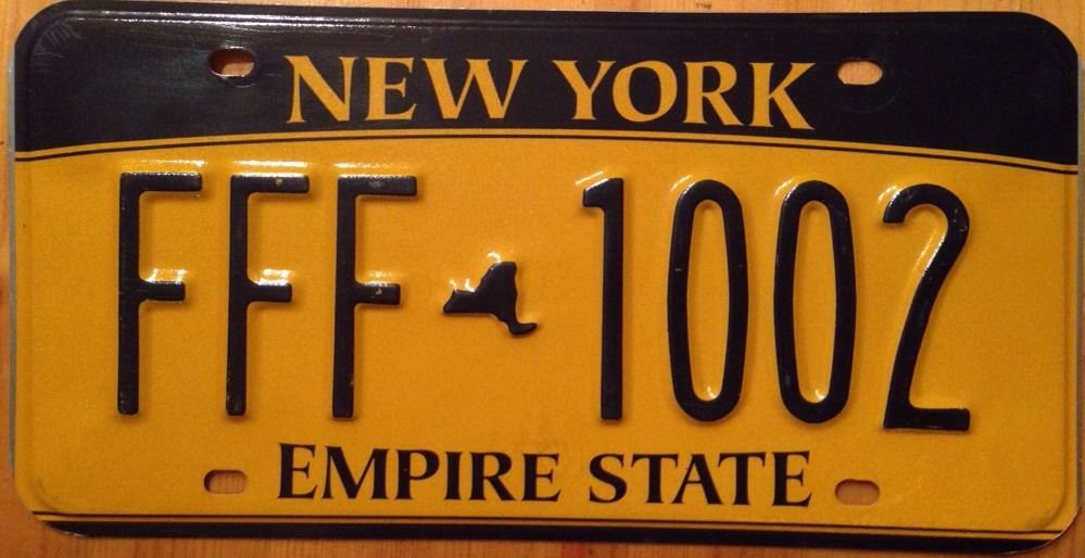 Gold Empire State Triple letter F license plate FFF 1002 US New York