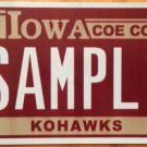 Iowa Coe College Kohawks license plate Sample University Cedar Rapids NCAA IIAC