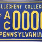 Pennsylvania ALLEGHENY College Gators license plate sample Alligator Meadville