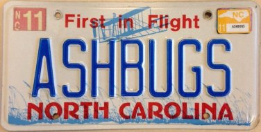 North Carolina vanity ASH BUGS License Plate