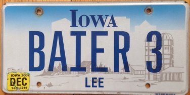 Iowa vanity BAIER 3 license plate Bayer Philosopher Figure Skater